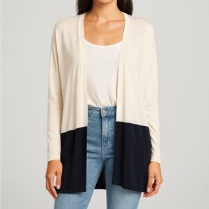 J JILL Open Cardigan Black & White Colorblock Casual Career Wool Blend Sz. Lg